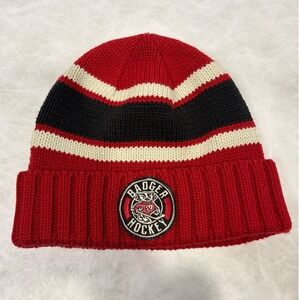 Adidas Wisconsin Badger Hockey Beanie Hat Red Black Striped Knit Cuffed One Size